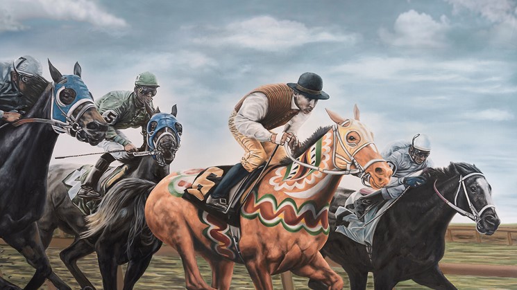 Kapplöpningshästar varav en är målad med kurbits. Konst av Andreas Englund.