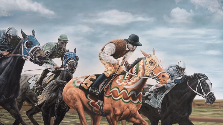 Hästkapplöpning med vinnarhästen målad i dala-kurbits.